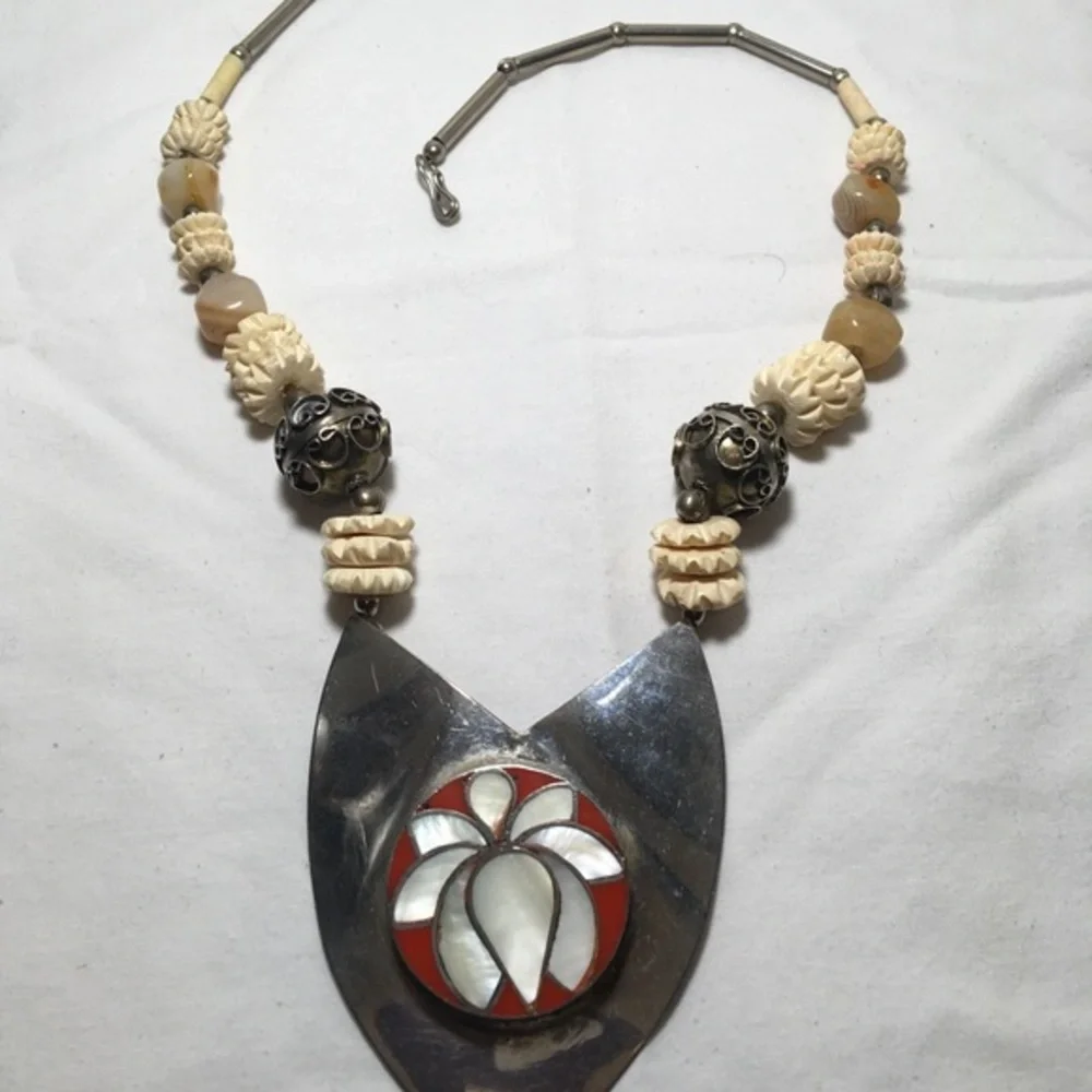 Vintage Ethnic Boho Style Sterling Silver & Gobi Agate Handmade Beaded Necklace
